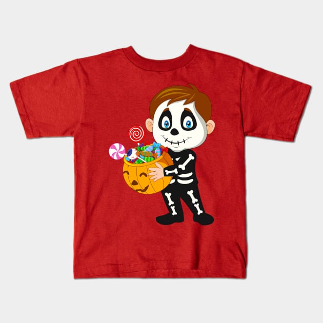 Kid Skeeiton Costume Holding Pumpkin Kids T-Shirt by RedLineStore